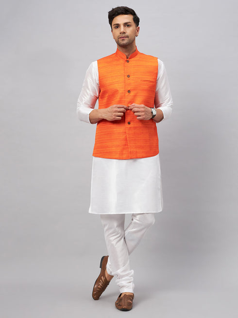 Vastramay Men's Orange Matka Silk Nehru Jacket With White Silk Blend Kurta Pyjama Set